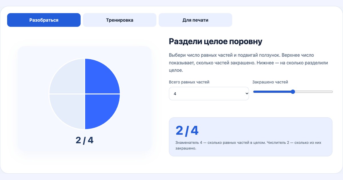 Дроби наглядно — инструмент Искры